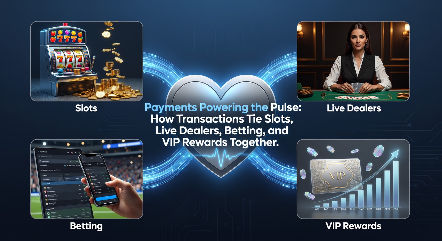 Grafik zeigt vernetzte Zahlungsströme zwischen Slots, Live-Dealer-Spielen, Sportwetten und VIP-Rewards in einem dynamischen Online-Casino-Ökosystem