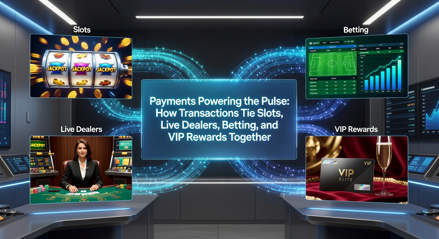 Live-Dealer-Tisch mit digitalen Zahlungsströmen, die zu Slots, Wetten und VIP-Icons führen, symbolisiert nahtlose Integration