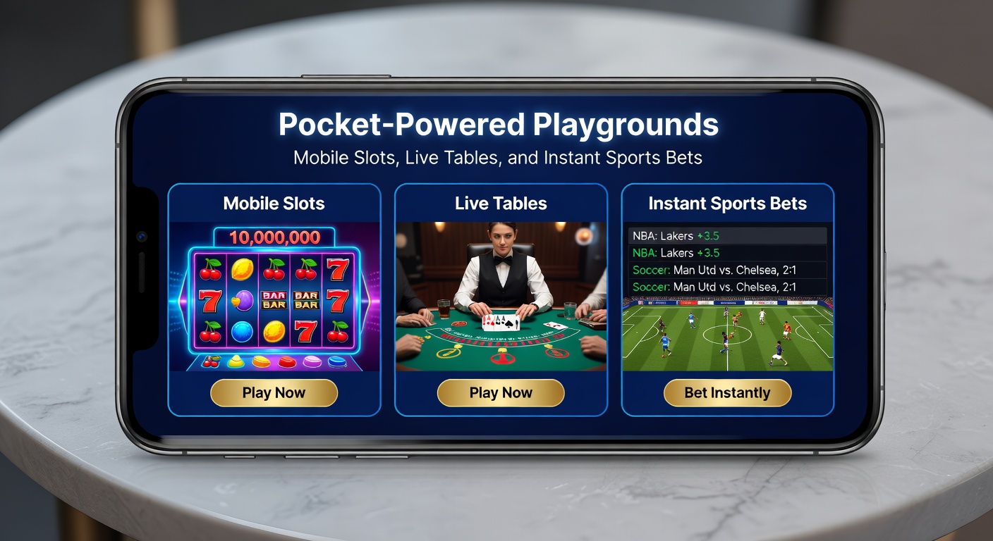 Dynamisches Bild eines Smartphones mit Live-Roulette-Tisch, Slots im Hintergrund und laufenden Sportwetten auf einem Fußballspiel